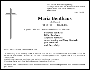 Traueranzeige von Maria Benthaus von Tageszeitung