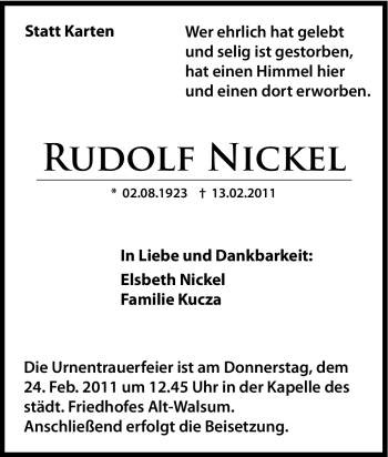Traueranzeige von Rudolf Nickel von Tageszeitung