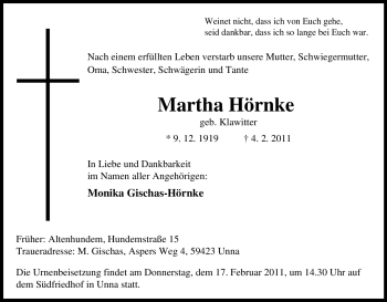 Traueranzeige von Martha Hörnke von Tageszeitung