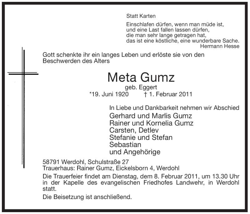  Traueranzeige für Meta Gumz vom 03.02.2011 aus Tageszeitung