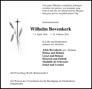 Traueranzeige von Wilhelm Bovenkerk von Tageszeitung