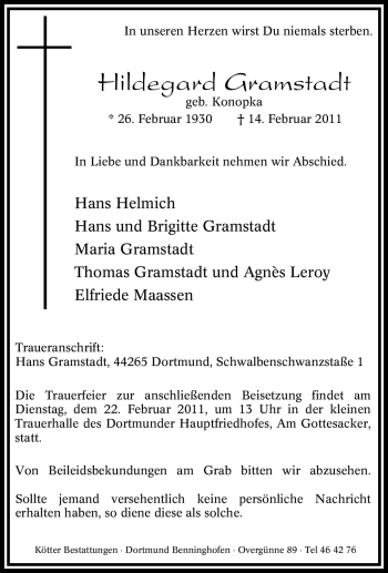 Traueranzeige von Hildegard Gramstadt von Tageszeitung