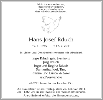Traueranzeige von Hans Josef Rduch von Tageszeitung