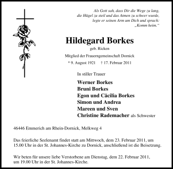 Traueranzeige von Hildegard Borkes von Tageszeitung