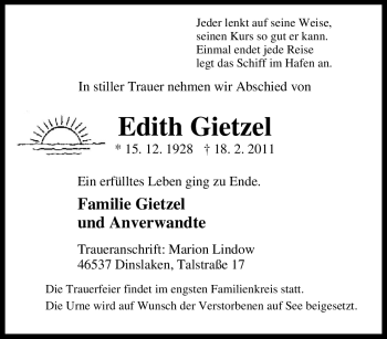 Traueranzeige von Edith Gietzel von Tageszeitung