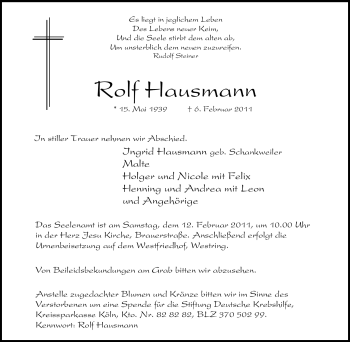 Traueranzeige von Rolf Hausmann von Tageszeitung