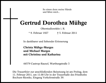 Traueranzeige von Gertrud Dorothea Mühge von Tageszeitung