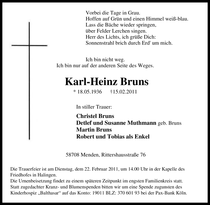  Traueranzeige für Karl-Heinz Bruns vom 18.02.2011 aus Tageszeitung