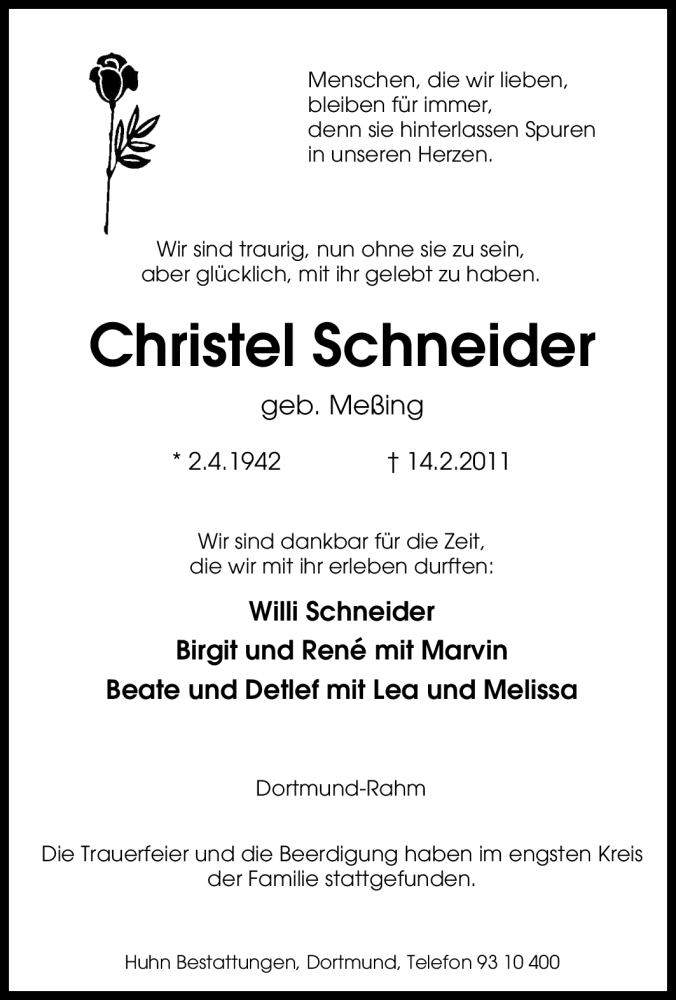  Traueranzeige für Christel Schneider vom 19.02.2011 aus Tageszeitung