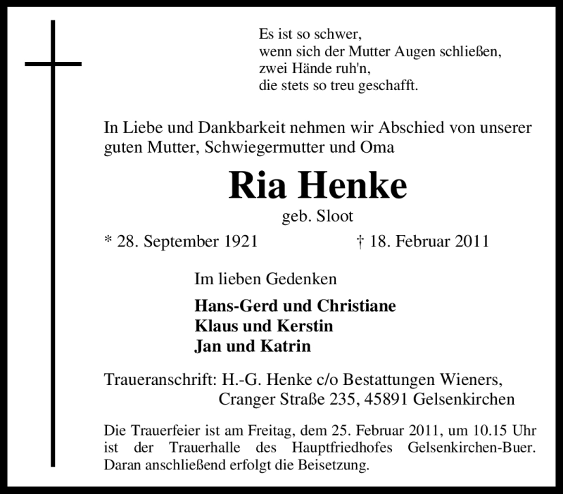  Traueranzeige für Ria Henke vom 21.02.2011 aus Tageszeitung