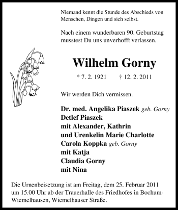 Traueranzeige von Wilhelm Gorny von Tageszeitung