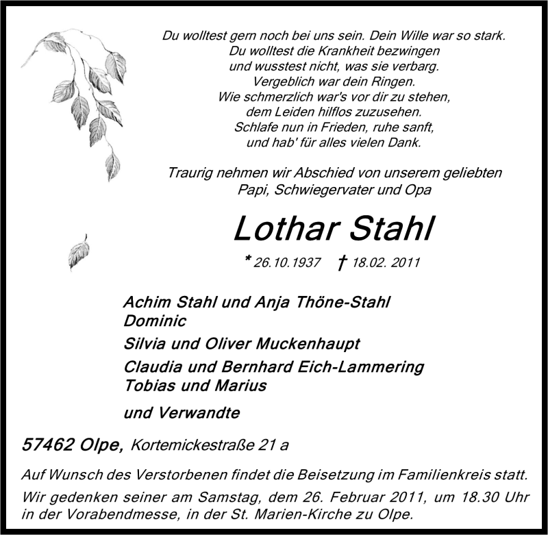  Traueranzeige für Lothar Stahl vom 21.02.2011 aus Tageszeitung