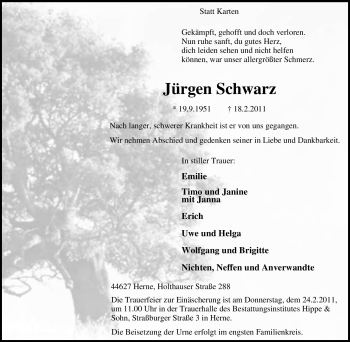 Traueranzeige von Jürgen Schwarz von Tageszeitung