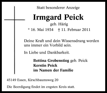 Traueranzeige von Irmgard Peick von Tageszeitung