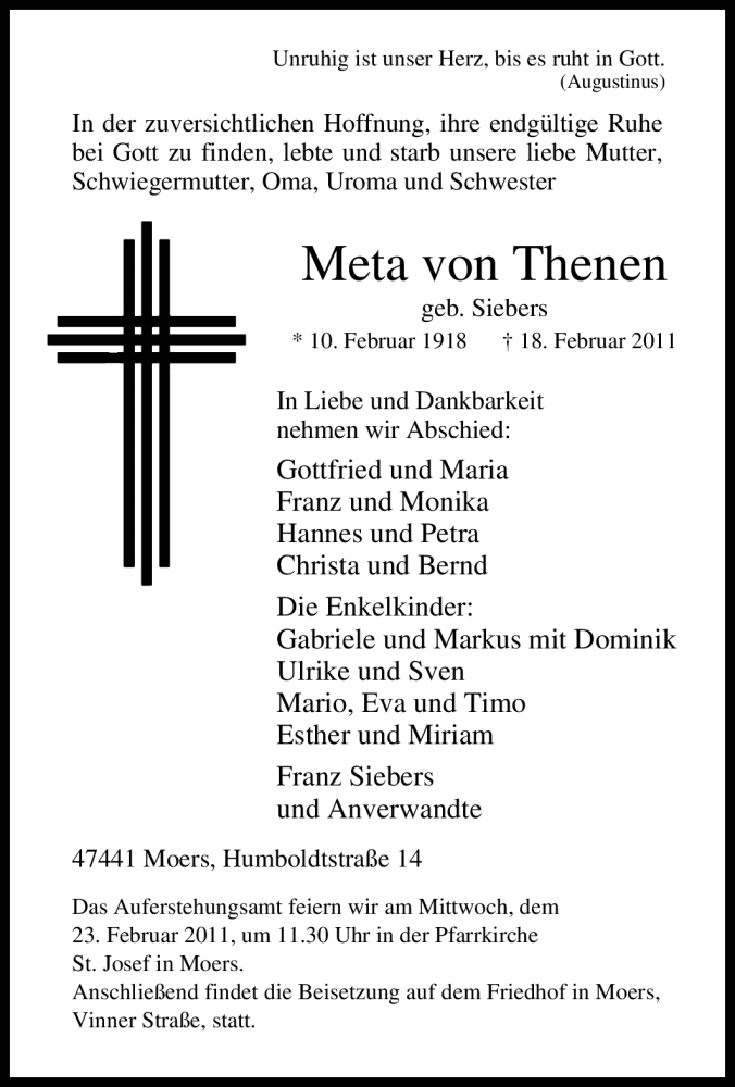  Traueranzeige für Meta von Thenen vom 21.02.2011 aus Tageszeitung