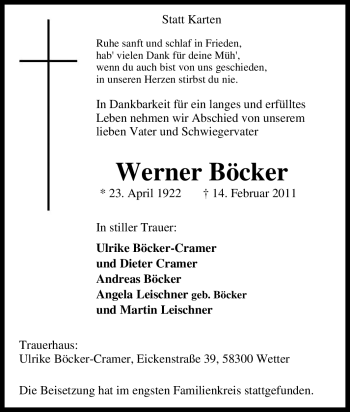 Traueranzeige von Werner Böcker von Tageszeitung