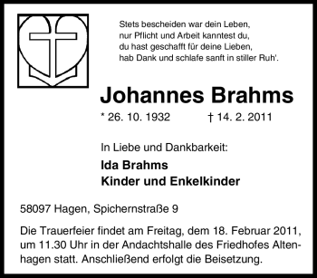 Traueranzeige von Johannes Brahms von Tageszeitung