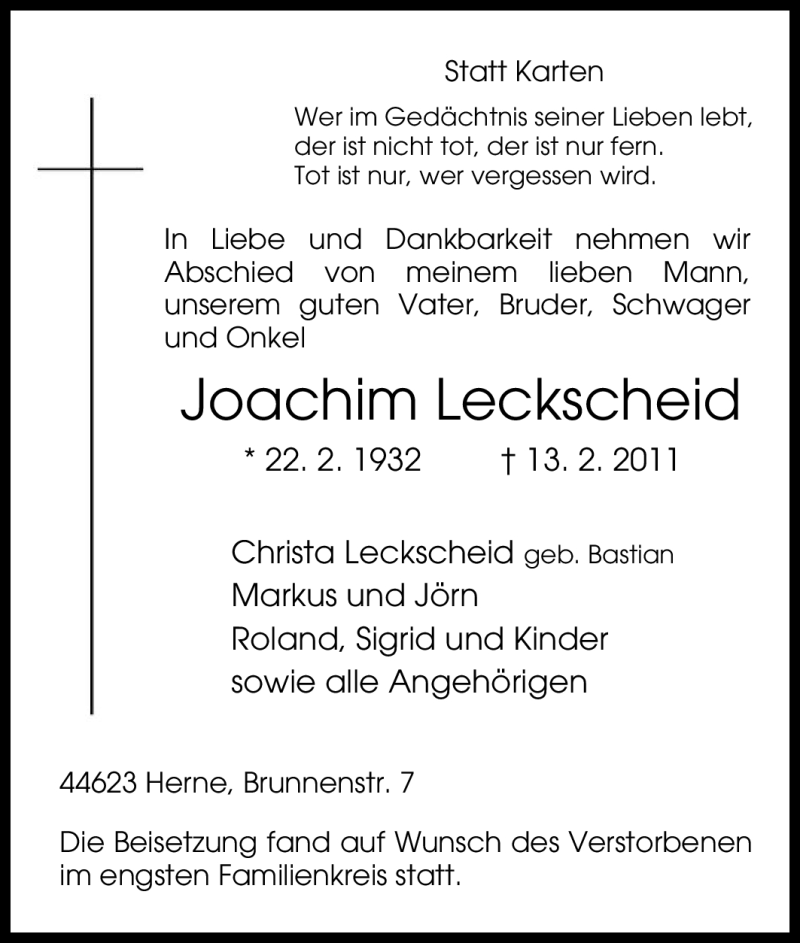  Traueranzeige für Joachim Leckscheid vom 19.02.2011 aus Tageszeitung