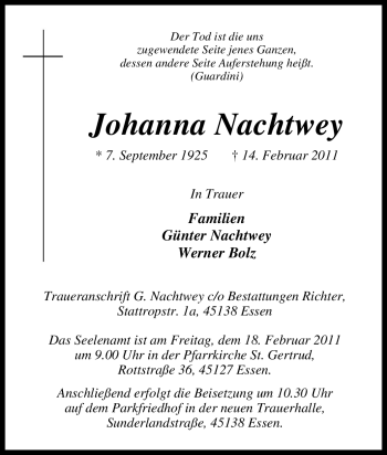 Traueranzeige von Johanna Nachtwey von Tageszeitung