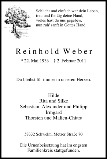 Traueranzeige von Reinhold Weber von Tageszeitung