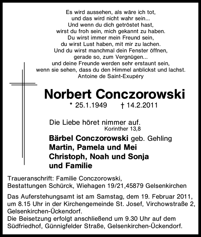  Traueranzeige für Norbert Conczorowski vom 16.02.2011 aus Tageszeitung