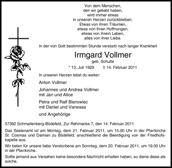 Traueranzeige von Irmgard Vollmer von Tageszeitung