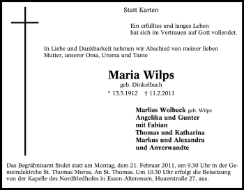 Traueranzeige von Maria Wilps von Tageszeitung