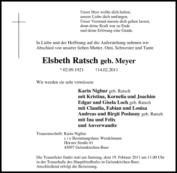Traueranzeige von Elsbeth Ratsch von Tageszeitung