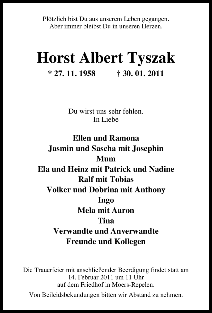  Traueranzeige für Horst Albert Tyszak vom 11.02.2011 aus Tageszeitung