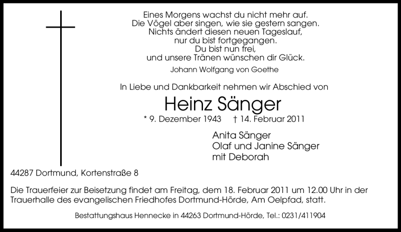  Traueranzeige für Heinz Sänger vom 16.02.2011 aus Tageszeitung
