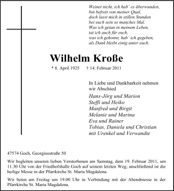 Traueranzeige von Wilhelm Kroße von Tageszeitung