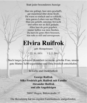 Traueranzeige von Elvira Ruifrok von Tageszeitung