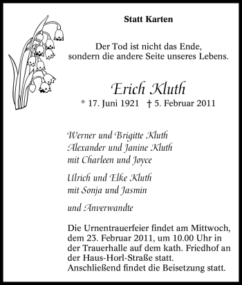 Traueranzeige von Erich Kluth von Tageszeitung