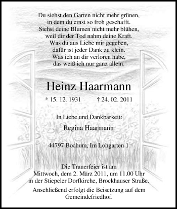 Traueranzeige von Heinz Haarmann von Tageszeitung