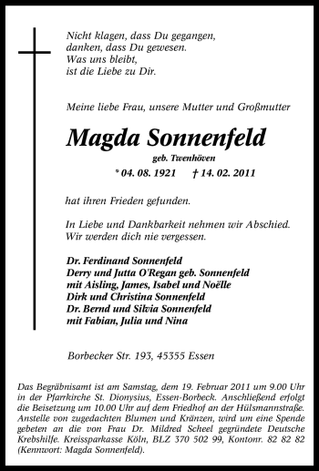 Traueranzeige von Magda Sonnenfeld von Tageszeitung