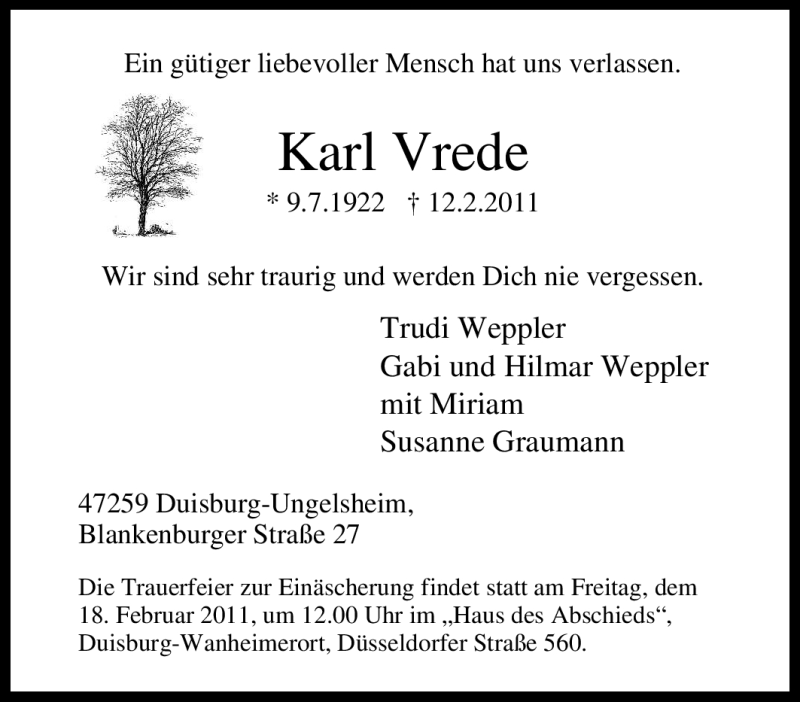  Traueranzeige für Karl Vrede vom 16.02.2011 aus Tageszeitung