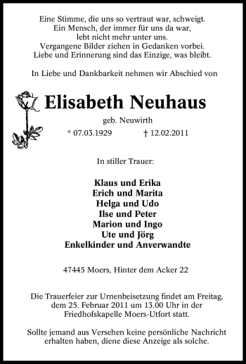 Traueranzeige von Elisabeth Neuhaus von Tageszeitung