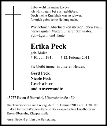 Traueranzeige von Erika Peck von Tageszeitung