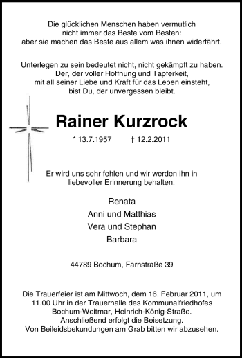 Traueranzeige von Rainer Kurzrock von Tageszeitung