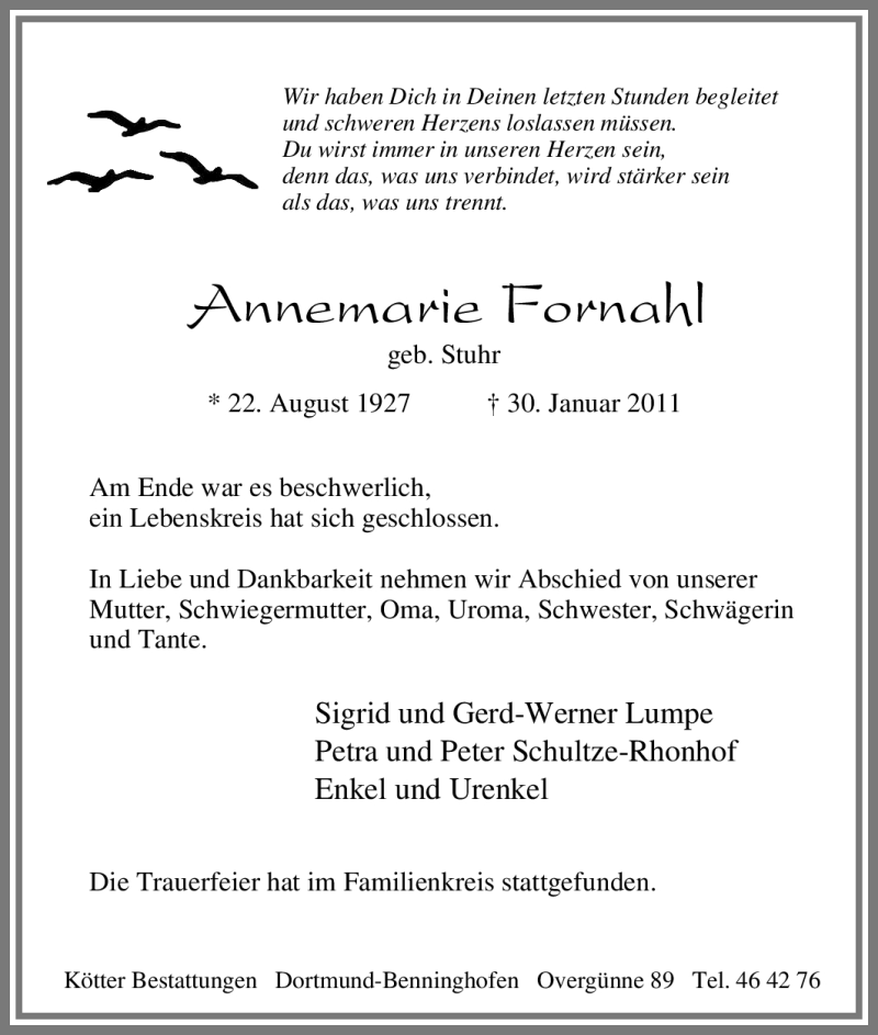  Traueranzeige für Annemarie Fornahl vom 05.02.2011 aus Tageszeitung