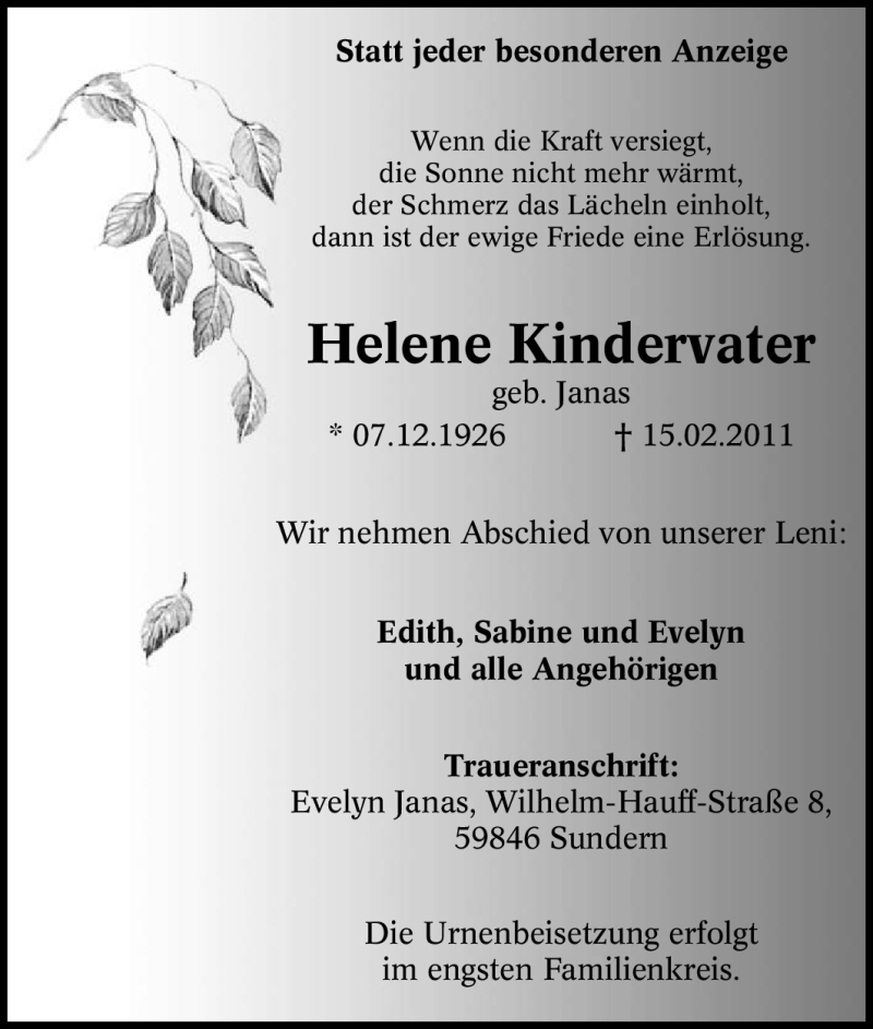  Traueranzeige für Helene Kindervater vom 18.02.2011 aus Tageszeitung