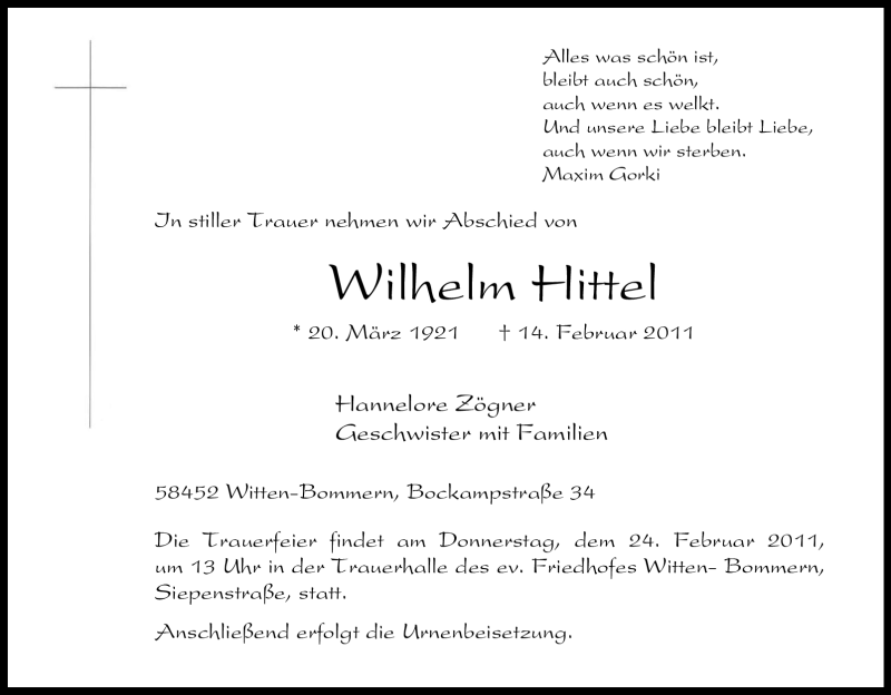  Traueranzeige für Wilhelm Hittel vom 17.02.2011 aus Tageszeitung