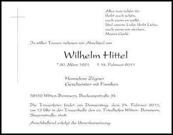 Traueranzeige von Wilhelm Hittel von Tageszeitung