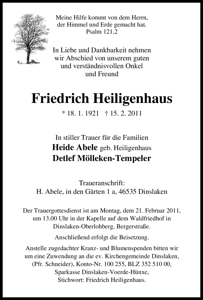  Traueranzeige für Friedrich Heiligenhaus vom 18.02.2011 aus Tageszeitung