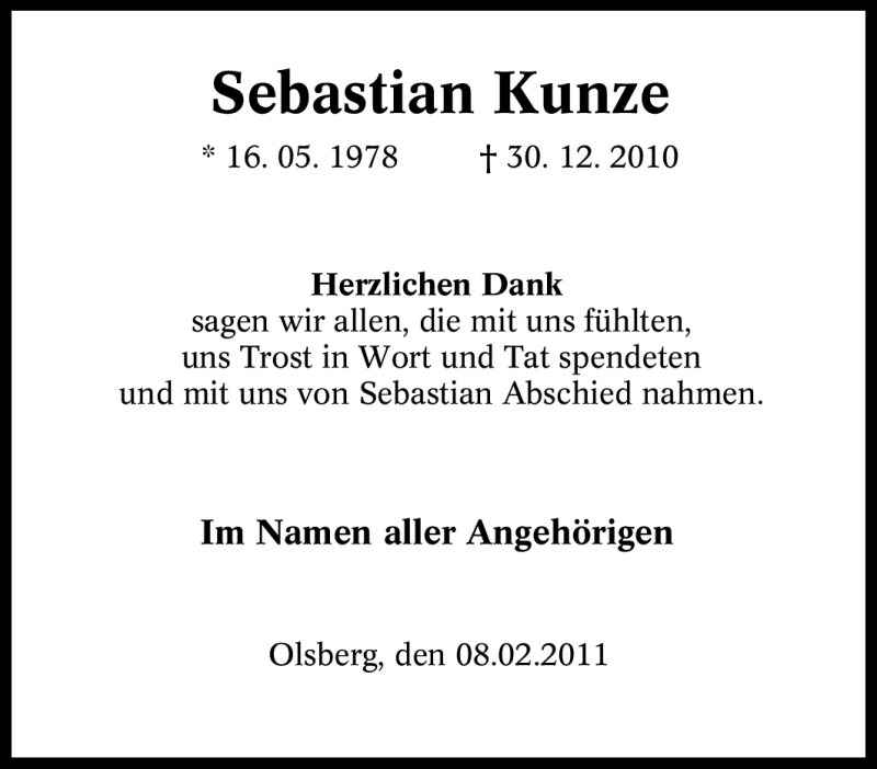  Traueranzeige für Sebastian Kunze vom 12.02.2011 aus Tageszeitung
