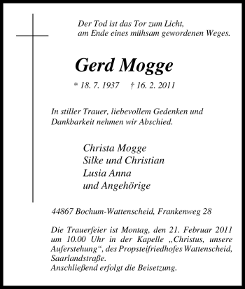 Traueranzeige von Gerd Mogge von Tageszeitung