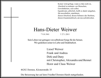 Traueranzeige von Hans-Dieter Weiwer von Tageszeitung