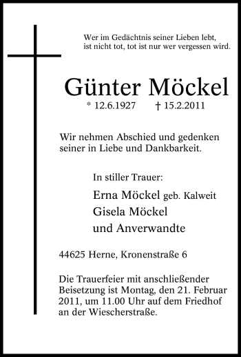 Traueranzeige von Günter Möckel von Tageszeitung