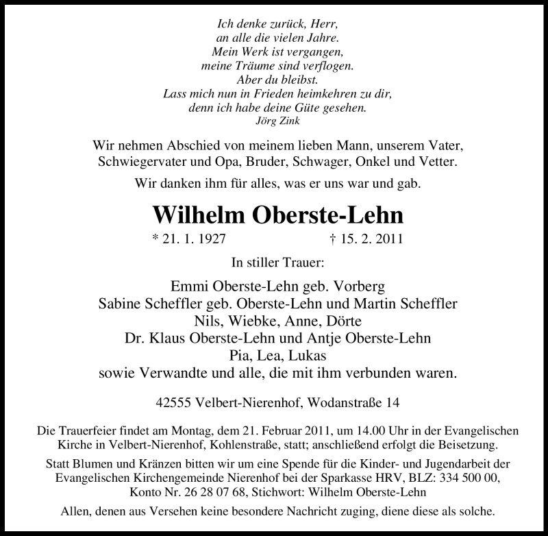  Traueranzeige für Wilhelm Oberste-Lehn vom 18.02.2011 aus Tageszeitung