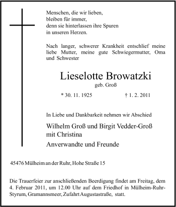 Traueranzeige von Lieselotte Browatzki von Tageszeitung
